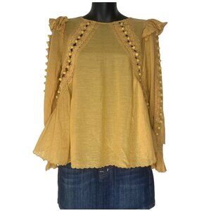 Mustard Pom Pom Eyelet Flutter Sleeve Top SEA NEW YORK Blouse Women's Size 2